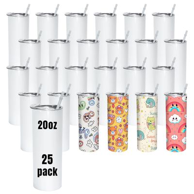 CHLJAR 25 Pack Sublimation Tumblers 20 oz, White Sublimation Blanks Tumbler with Lid and Plastic Straw, Straight Sublimation Water Bottle Cups, Arc Edge