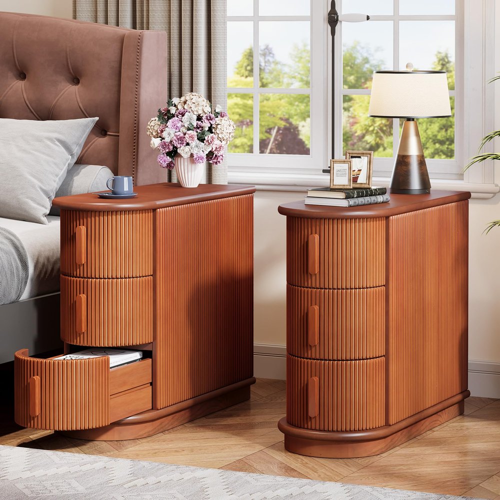 Tribesigns Set of 2 3-Drawer Wooden End Table, 2-Pack Modern Sofa Side Table, Narrow Chair Side Table Slim Nightstand for Living Room, Bedroom, Finished Back, No Assembly Required, Walnut