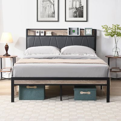 Metal Platform Bed Frame with Upholstered Headboard, USB Port, and Wooden Footboard with Drawers - Stylish & Sturdy Structure Supports up to 600 lbs, Ideal for Modern Bedroom (No Drawers,Queen)