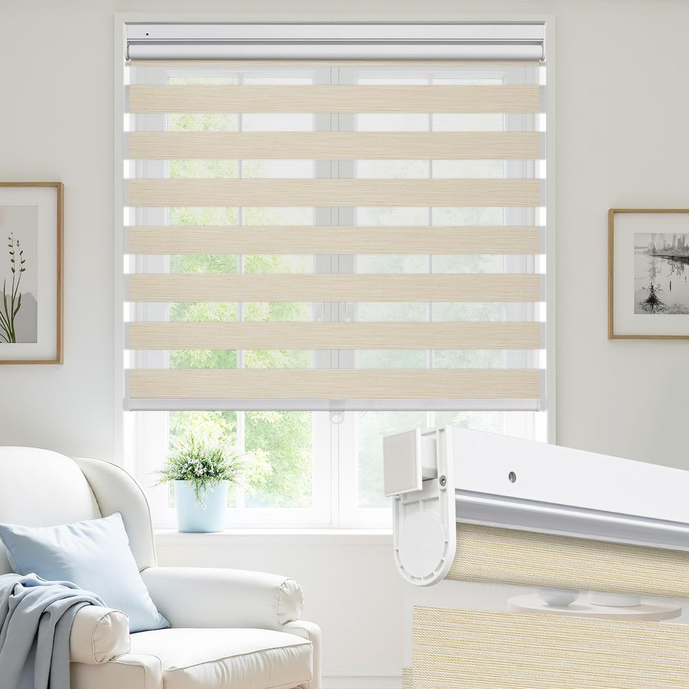 UrMoon No Drill Zebra Blinds No Tools Zebra Shades Cordless Roller Shades for Windows Dual Layer Roller Blinds Room Darkening Custom Size for Indoor, 80% Blackout Amber, 23" W x 48" H
