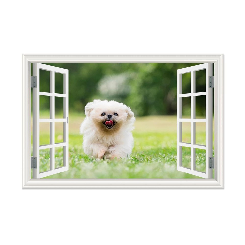 3D Fake Window Animals Wall Art,Puppy running on the grass on Faux Window,Fake Window Wall Murals for Bedroom,Creative Window View Wall Decor45x30cm(18x12in) Frameless
