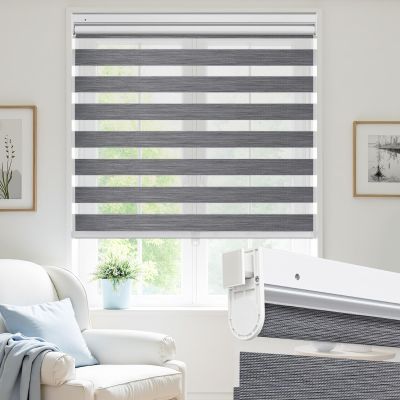 UrMoon No Drill Zebra Blinds No Tools Zebra Shades Cordless Roller Shades for Windows Dual Layer Roller Blinds Room Darkening Custom Size for Indoor, 80% Blackout Dark Gray, 57 1/2" W x 60" H