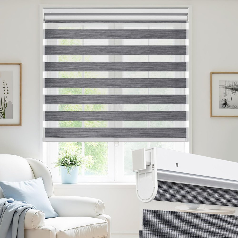 UrMoon No Drill Zebra Blinds No Tools Zebra Shades Cordless Roller Shades for Windows Dual Layer Roller Blinds Room Darkening Custom Size for Indoor, 80% Blackout Dark Gray, 57 1/2" W x 60" H