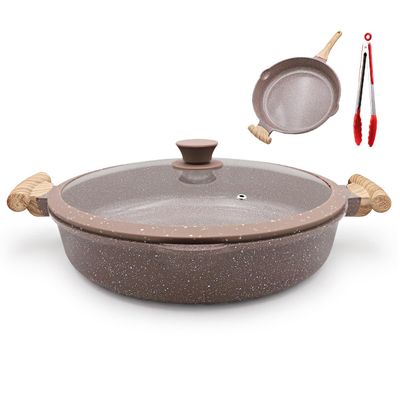 AIKENBBKK Ceramic Frying Pan with Lid, 14 Inch Saute Pan, Non Stick Frying Pans, 2-In-1 Large Cooking Pan, Nonstick Skillet, Compatible with All Stoves, PTFE & PFOA Free, Brown