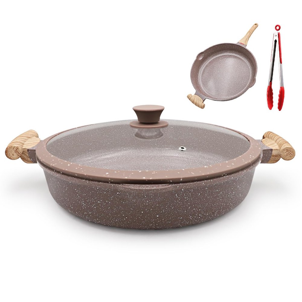 AIKENBBKK Ceramic Frying Pan with Lid, 14 Inch Saute Pan, Non Stick Frying Pans, 2-In-1 Large Cooking Pan, Nonstick Skillet, Compatible with All Stoves, PTFE & PFOA Free, Brown