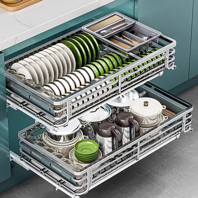2 Tier Sliding Pull Out Drawers for Kitchen Cabinets, Stainless Steel Drawer Dish Rack Wire Basket, Dish Drying Rack with Drainboard Set, Storage Shelf Home Kitchen, 465*490*135mm, Original Colour