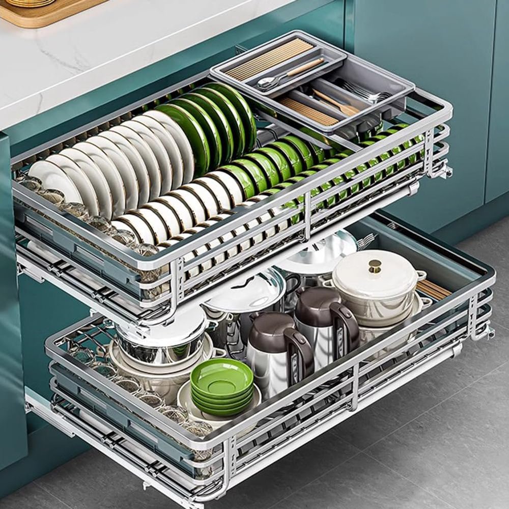 2 Tier Sliding Pull Out Drawers for Kitchen Cabinets, Stainless Steel Drawer Dish Rack Wire Basket, Dish Drying Rack with Drainboard Set, Storage Shelf Home Kitchen, 465*490*135mm, Original Colour
