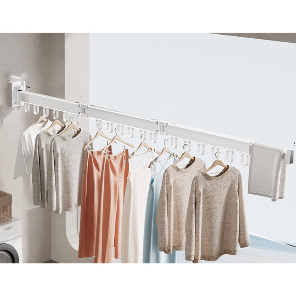 HomeLoft Basics Wall Mounted Clothes Hanger Rack, Retractable Clothes Drying Rack, Retractable Hanging Organizer for Clothing, Balcony, Mudroom, Bedroom, White