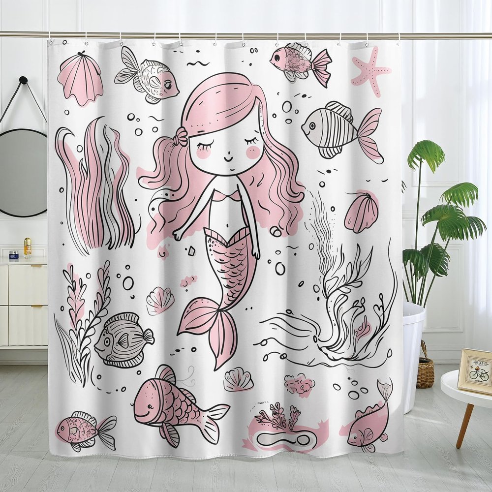 DESIHOM Pink Mermaid Shower Curtain Set 72" x 72" with Hooks, Funny Kids Hand Paint Anime Boys Girls Bathroom Decor, Fun Ocean Children Bath Accessories Polyester Fabric