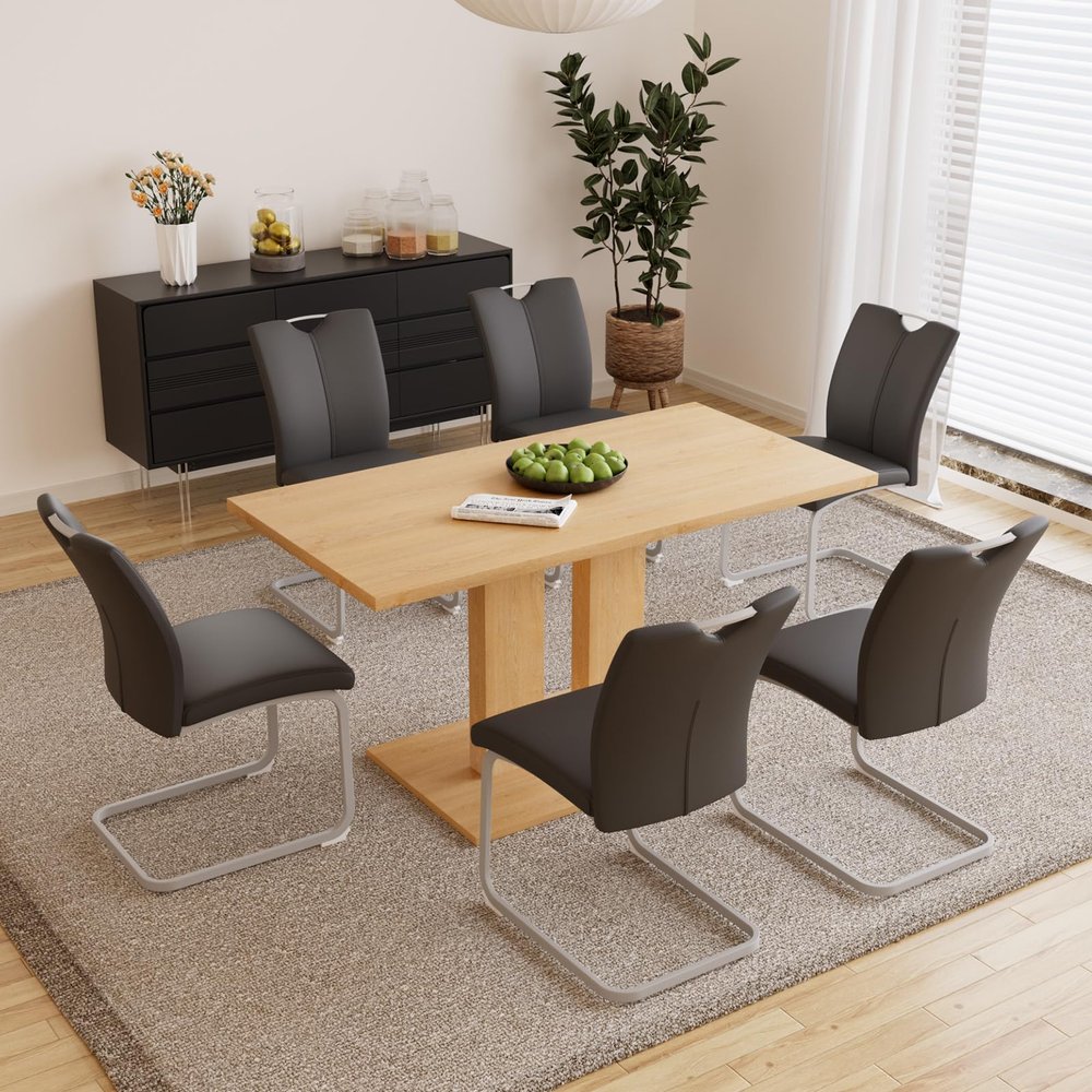 HIPIHOM Modern 58'' Kitchen Dining Table and Chairs, 7 Piece Rectangular Dining Table Set for Home, Kitchen, Living Room, Dining Room (Dining Table + 6 Black Chairs)