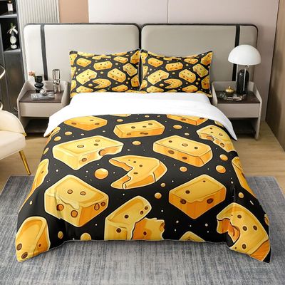Feelyou Cheese Duvet Cover 100% Cotton Set Twin Size Cartoon Cheese Bedding Set for Kids Boys Girls Teens Toddler Yummy Food Comforter Cover Set Black Yellow Bedspread Cover 2Pcs