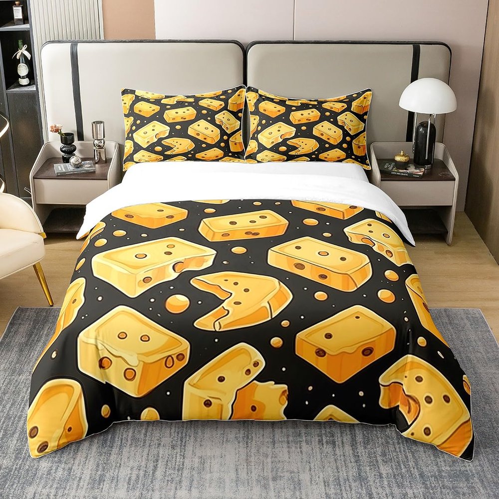 Feelyou Cheese Duvet Cover 100% Cotton Set Twin Size Cartoon Cheese Bedding Set for Kids Boys Girls Teens Toddler Yummy Food Comforter Cover Set Black Yellow Bedspread Cover 2Pcs