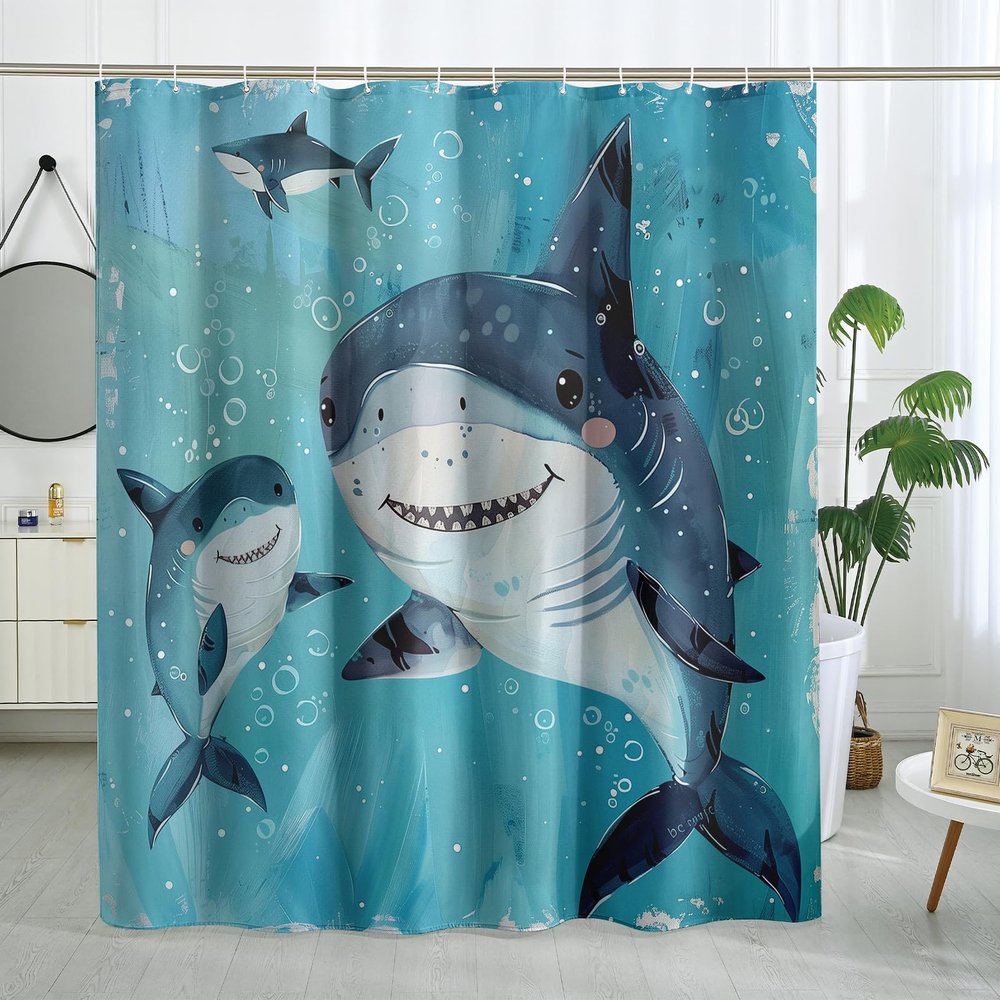 DESIHOM Kids Cartoon Shark Shower Curtain Set 72" x 72" with Hooks, Funny Children Sealife Boys Girls Bathroom Decor, Fun Cute Ocean Bath Accessories Polyester Fabric
