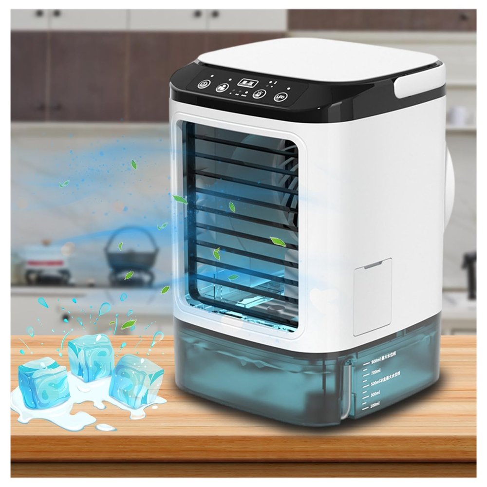 EKsma Air Cooler, 900ml Water Tank,with Ice Box,3 Wind Speeds Mini Desk Air Conditioner Cooling Mist,7 LED Lights,with Handle Portable Air Conditioning for Home for Room Office