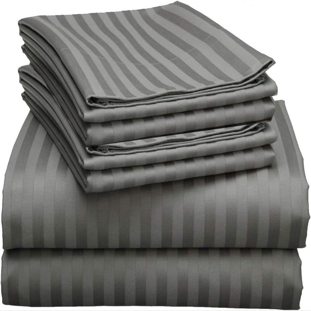6 Piece RV Short Queen Cotton Bed Sheets, Breathable 6 Piece Set, 100% Egyptian Cotton Sheets, 6 Piece Egyptian Cotton Sheets Set, Upto 16 Inch Deep Pocket Sheet Set in Dark Grey Stripe