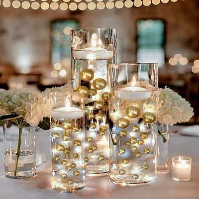 150 Floating Gold Pearls- Large Sizes- Fills 2 Gallons of The Floating Transparent Water Gels for Your Vases- with Pre-Measured Prep Bags- 6 White Fully Submersible Fairy Lights