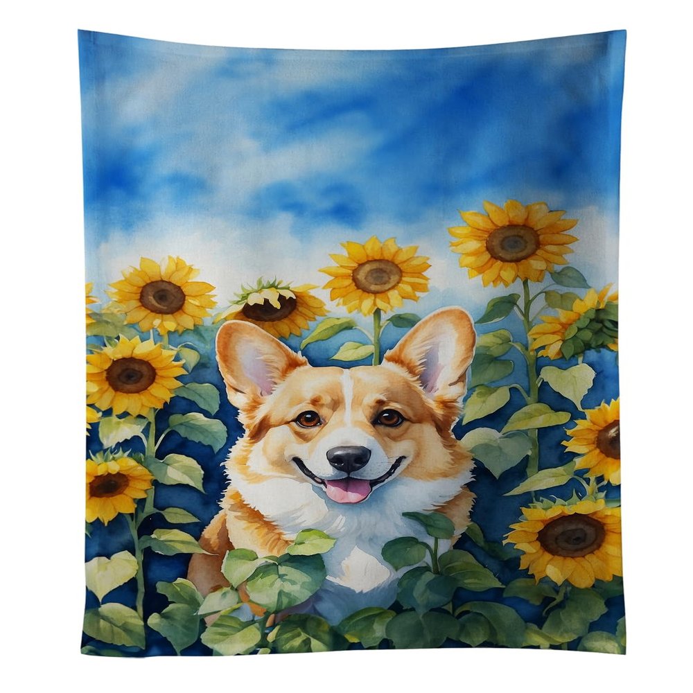 Caroline's Treasures Corgi in Sunflowers Kitchen Towel Dish Cloths Guest Hand Towel Decorative Bathroom Towel for Face,Tea, Dishcloth, Kitchen and Bath