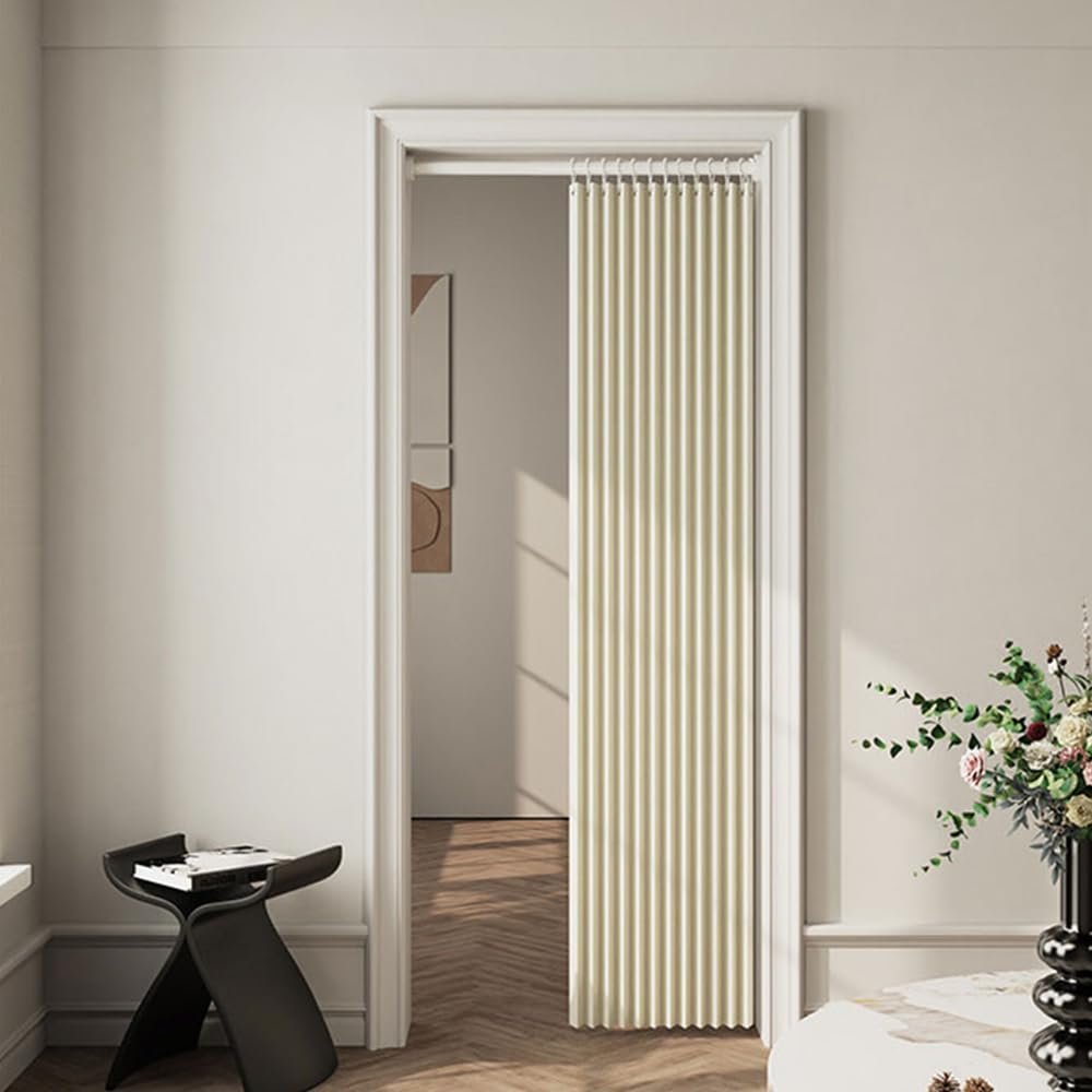Accordion Closet Curtains with Tension Curtain Rods, Privacy Pleated Folding Door Curtains Blackout Thermal Insulated for Open Closet Room Divider Doorway, Beige, 94x79