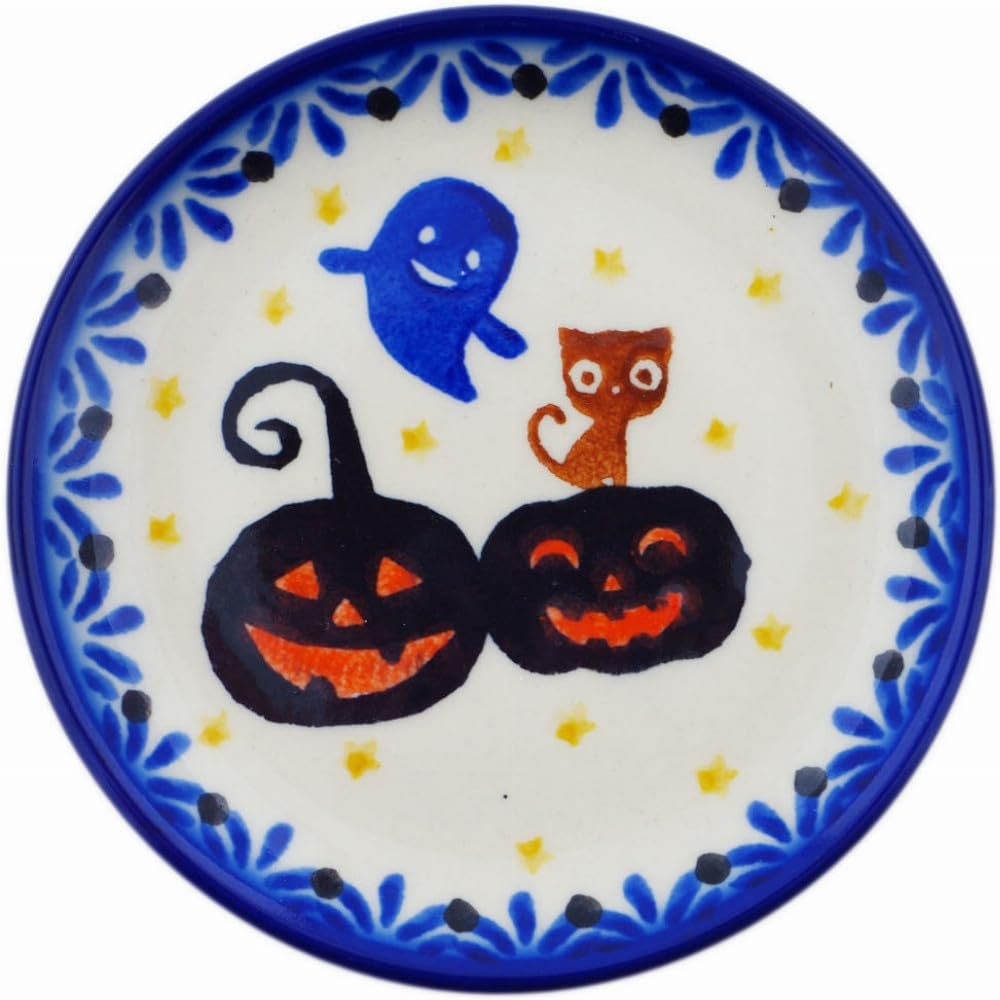 Polmedia Polish Pottery Coaster Plate - Jack-O-Lantern Fun Pattern Handmade in Boleslawiec Poland by Ceramika Bona + Certificate of Authenticity