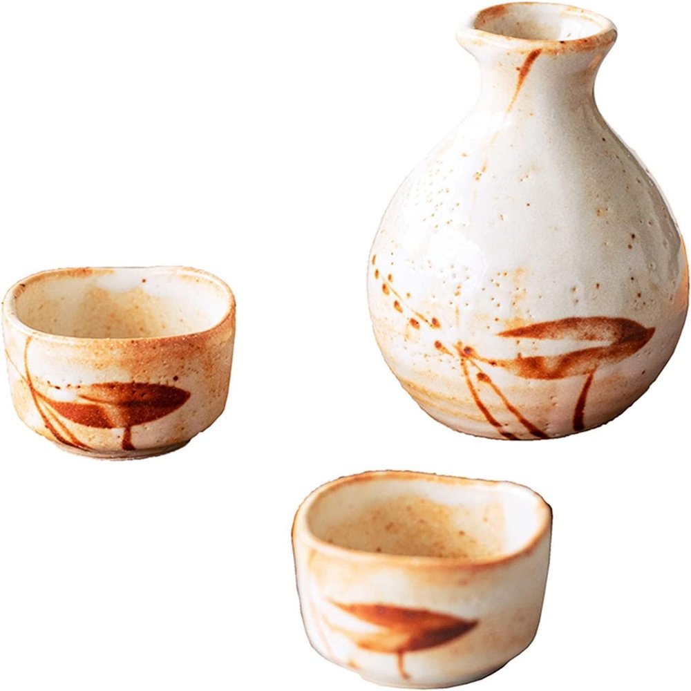 ANAIUCY Sake Set Japanese 3 Piece, Sake Cup Set Traditional Porcelain Pottery Ceramic Crafts Wine Glasses 2 Sake Cups 1pcs Sake Pot