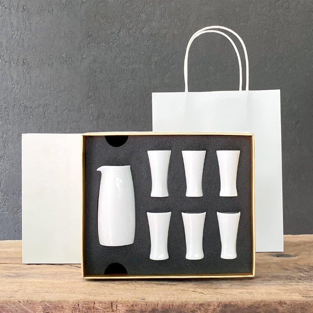 ANAIUCY 8 Pieces Sake Set, High-Grade White Jade Ceramics Sake Cup Set, Elegant Design Best Gift for Family and Friends, with 6 Sake Cups, 1 Sake Pot and 1 Tray Cups