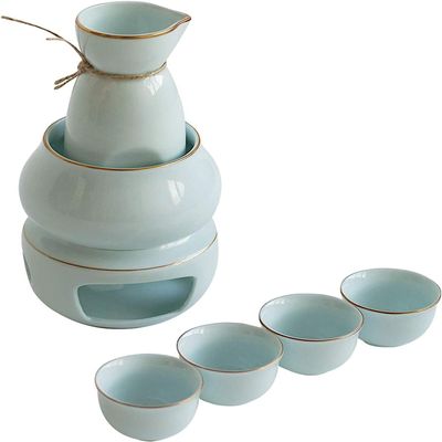 ANAIUCY Sake Set and Cups with Warmer, Traditional Porcelain Japanese Pottery Hot Saki Drink Set Kit, 7-Piece Include 1 Stove 1 Warming Bowl 1 Sake Bottle 4Cup,Blue,10pcs