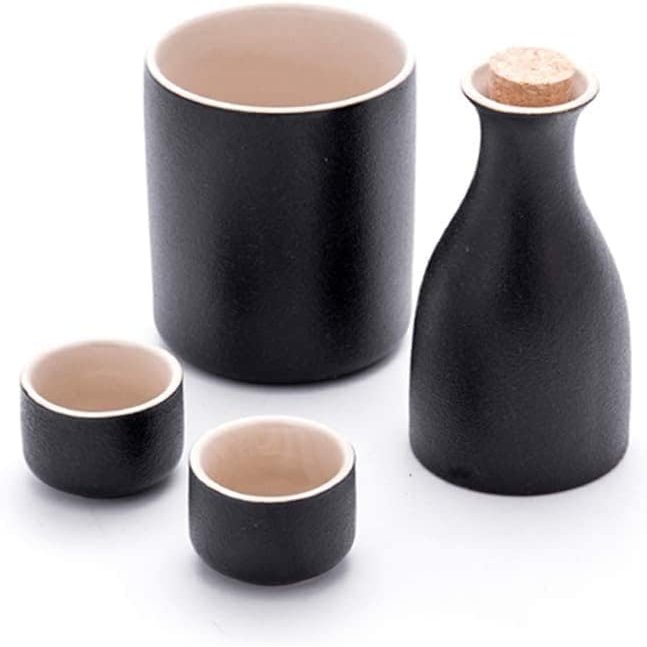 ANAIUCY Japanese Sake Cup Set 4 Piece Porcelain Pottery Traditional Ceramic Cups Crafts Wine Glasses Japanese Sake Set with 1 Sake Serving Bottle and 2 Sake Cups,Black,6pcs