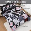 A Nice Night Sports Geometric Grid Black Patchwork Baseball Printed for Boys Full 6Pcs Bed in A Bag Comforter Bedding Set,Black view 3