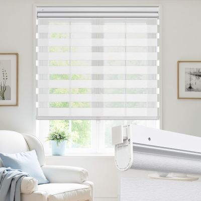 UrMoon No Drill Zebra Blinds No Tools Zebra Shades Cordless Roller Shades for Windows Dual Layer Roller Blinds Room Darkening Custom Size for Indoor, Light Filtering White, 54" W x 72" H