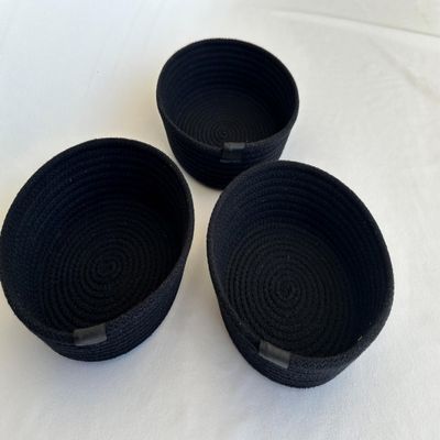 Cotton Round Rope Baskets Set of 3 Pcs Colorful Home Decorative Storage Bins Baskets Round Storage Woven Organizer (Black)