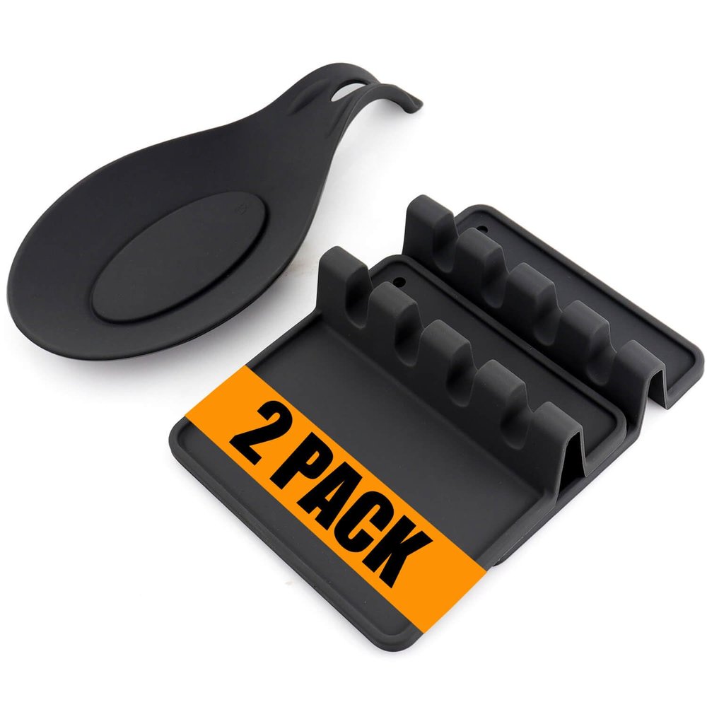 Kitchen Silicone Utensil Rest with Drip Pad-BPA-Free Heat-Resistant Spoon Rest for Stove Top - Spoon Rest for KitchenCounter - Kitchen Gadgets &Grill Utensil Holder-Black 3 Pcs