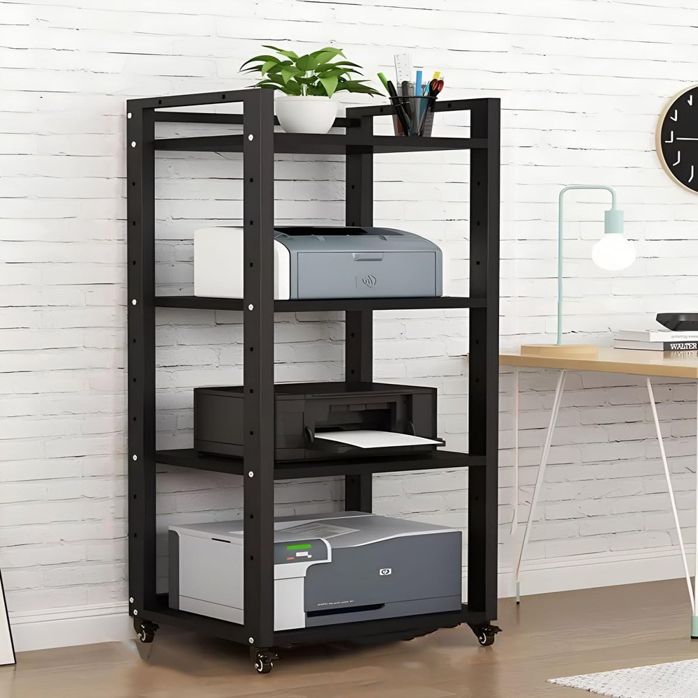 SRNSAEB 4 5 6 7 Tier Stereo Rack System Cabinet with Height-Adjustable Shelf & Wheels, Heavy Duty Stereo Components Rack Entertainment Stereo Components Organizer(4-Tier)