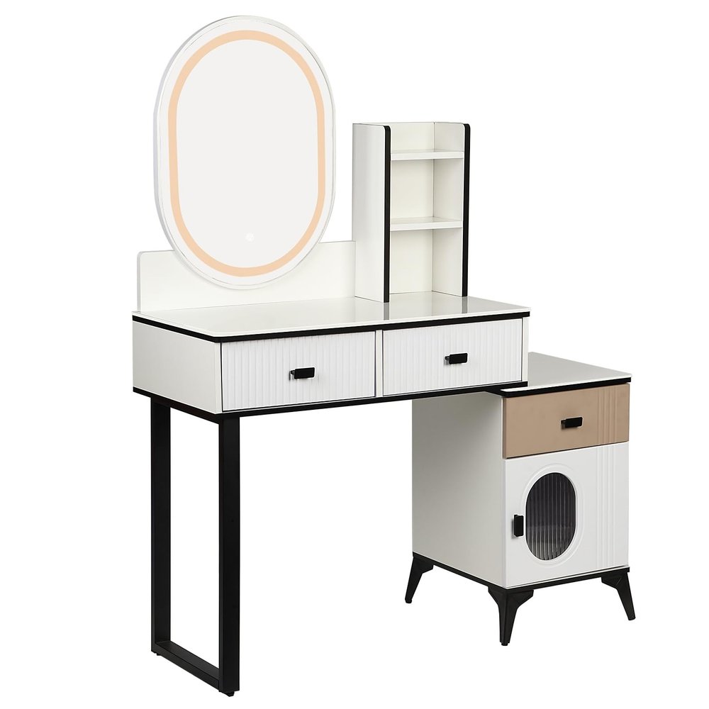 Haibinsuo Vanity Desk with Lights, Large Makeup Vanity with Storage Shelves, 3 Drawers, 3 Color Lighting Modes, Brightness Adjustable Dressing Table for Bedroom, White White US Plug