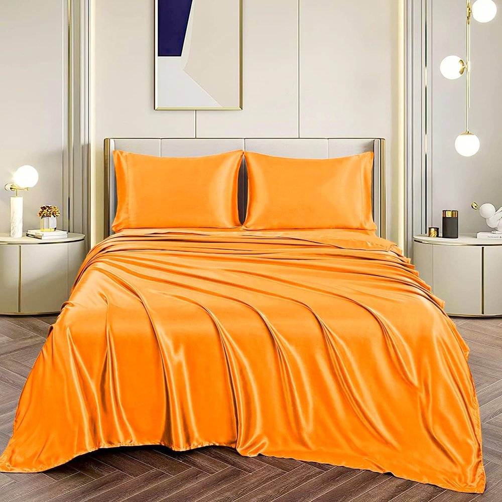 Twin Size Sheet Set - 6 Piece - Hotel Luxury Satin Silk Bed Sheets - 18 Inches Deep Pocket - Breathable & Cooling - Orange - Flat Sheet, Fitted Sheet & 4 Pillowcases