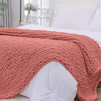 Bigacogo Chunky Knit Throw Blanket for Couch, 51x63 inches, 100% Hand Knitted with Thick Jumbo Chenille Yarn, Cozy Soft Large Rope Knot Cable Crochet Blankets for Sofa Bed Living Room, Antique Red