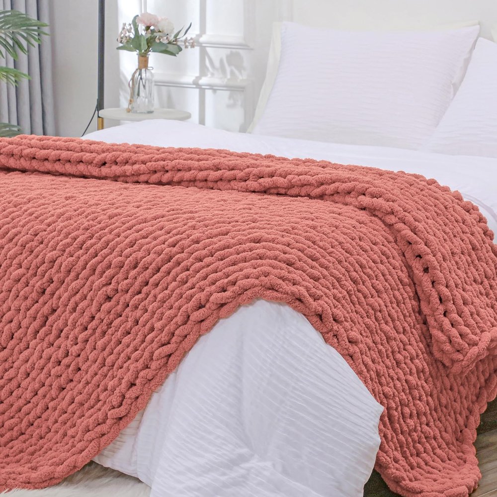 Bigacogo Chunky Knit Throw Blanket for Couch, 51x63 inches, 100% Hand Knitted with Thick Jumbo Chenille Yarn, Cozy Soft Large Rope Knot Cable Crochet Blankets for Sofa Bed Living Room, Antique Red