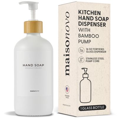 MaisoNovo Glass Hand Soap Dispenser | Dish Soap Dispenser for Kitchen | 16.9oz White Bottles with White Bamboo Pump | Bathroom Lotion Dispenser
