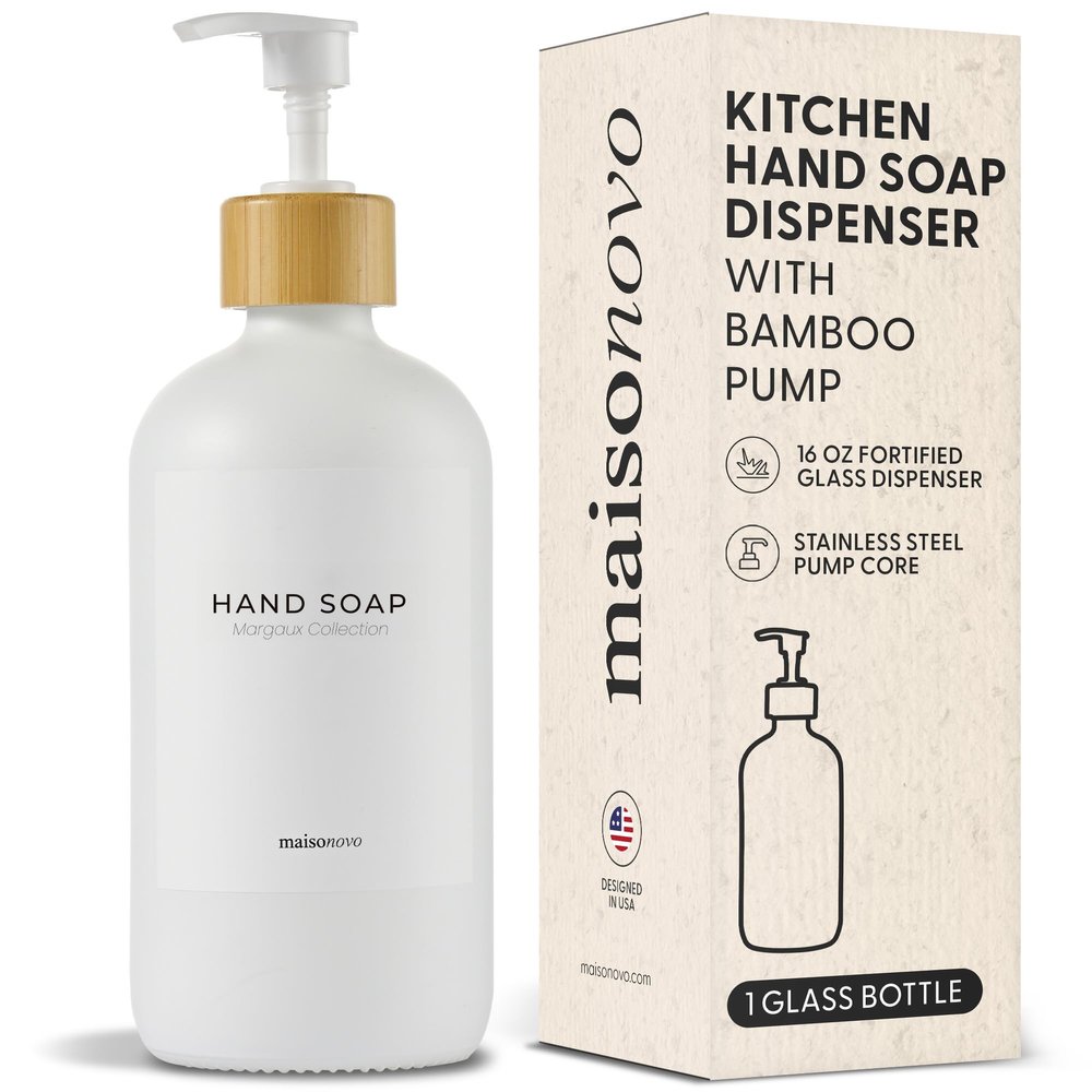 MaisoNovo Glass Hand Soap Dispenser | Dish Soap Dispenser for Kitchen | 16.9oz White Bottles with White Bamboo Pump | Bathroom Lotion Dispenser