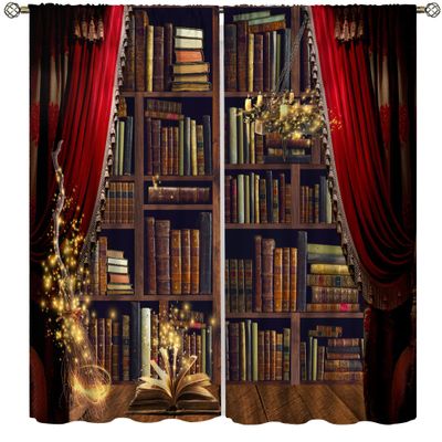 AAVEUP Books Blackout Curtains for Bedroom,Vintage Books Bookshelf Knowledge Ocean Table Lamp Educational Bookcase Window Drapes Print for Kids Boys Girls Living Room Study School 52x96in