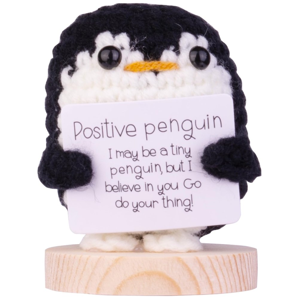 CoFuBcad Handcrafted Emotional Support Penguin Gift, Cute Crochet Penguin Knitted Doll Decoration with Front Card, Wooden Base for Birthday Gift Home Decoration