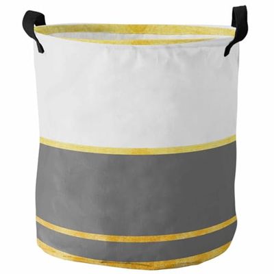 Abstract 16.5x17 Inch Laundry Basket Waterproof Round Laundry Hamper with Handles Collapsible Storage Bin Modern Art Luxury Grey Yellow Stripes Dirty Clothes Hampers Toy Organizer Boxes for Bedroom