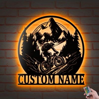 HIEPDECORSIGN Decor Sign, Custom Mountain Bike Metal Wall Art With Led Lights, Personalized Mountain Biker Name Decoration For Home Kids Nursery Decoration, 6x6