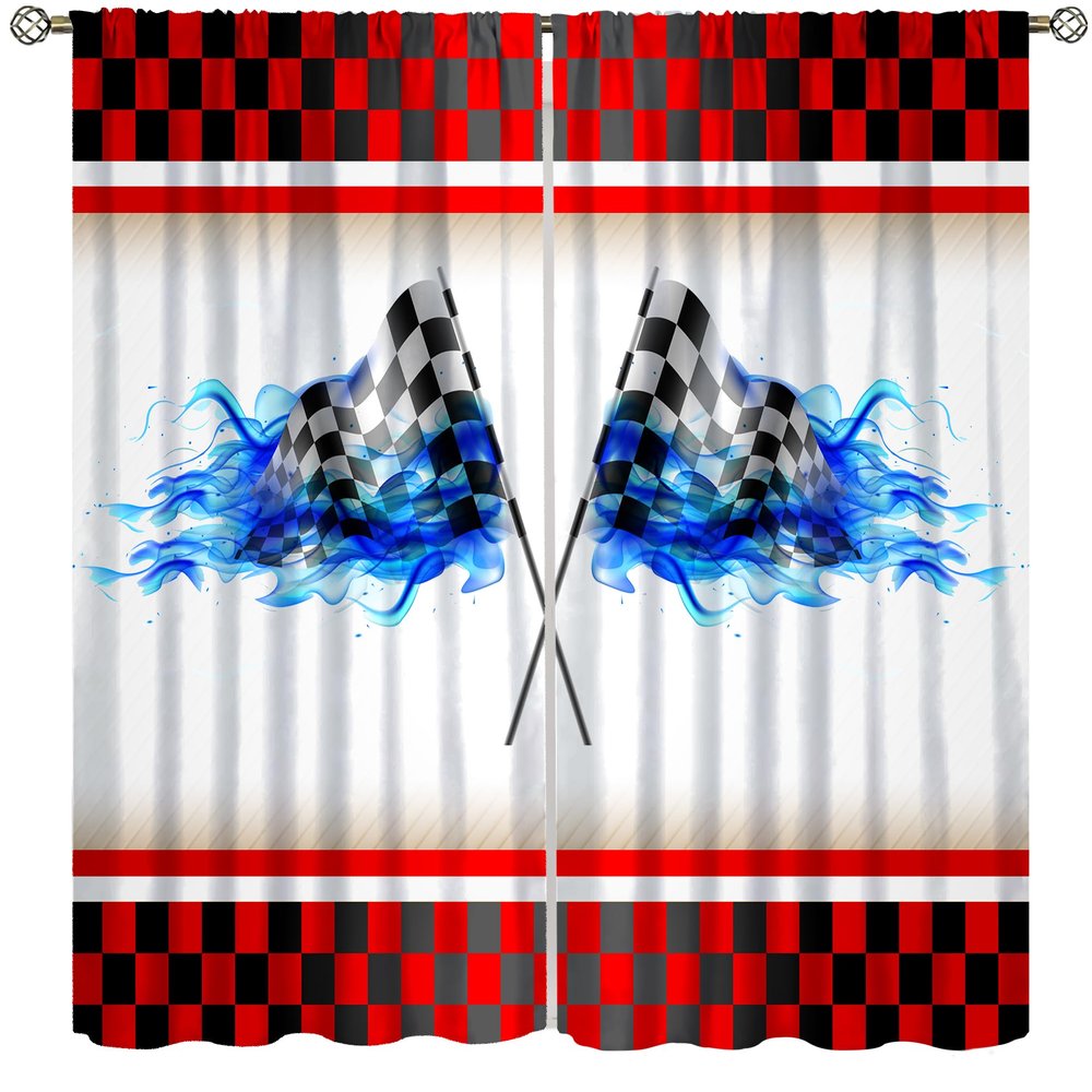 AAVEUP Racing Flag Curtains, Dazzling Speed Red Squares Blue Flames Race Flag Blackout Windows Treatments, Thermal Insulation Rod Pocket Drapes for Kids Boys Juvenile Bedroom Living Room 52x84in