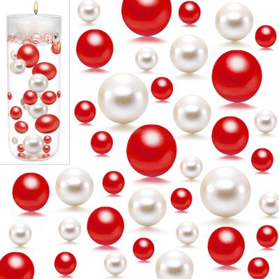 UDU 10150 Pcs Vase Filler Floating Beads No Hole Faux Pearls for Vase Mixed Sizes Round Pearls for Home Party Wedding Decor, 8/14/20 mm (White,Red)