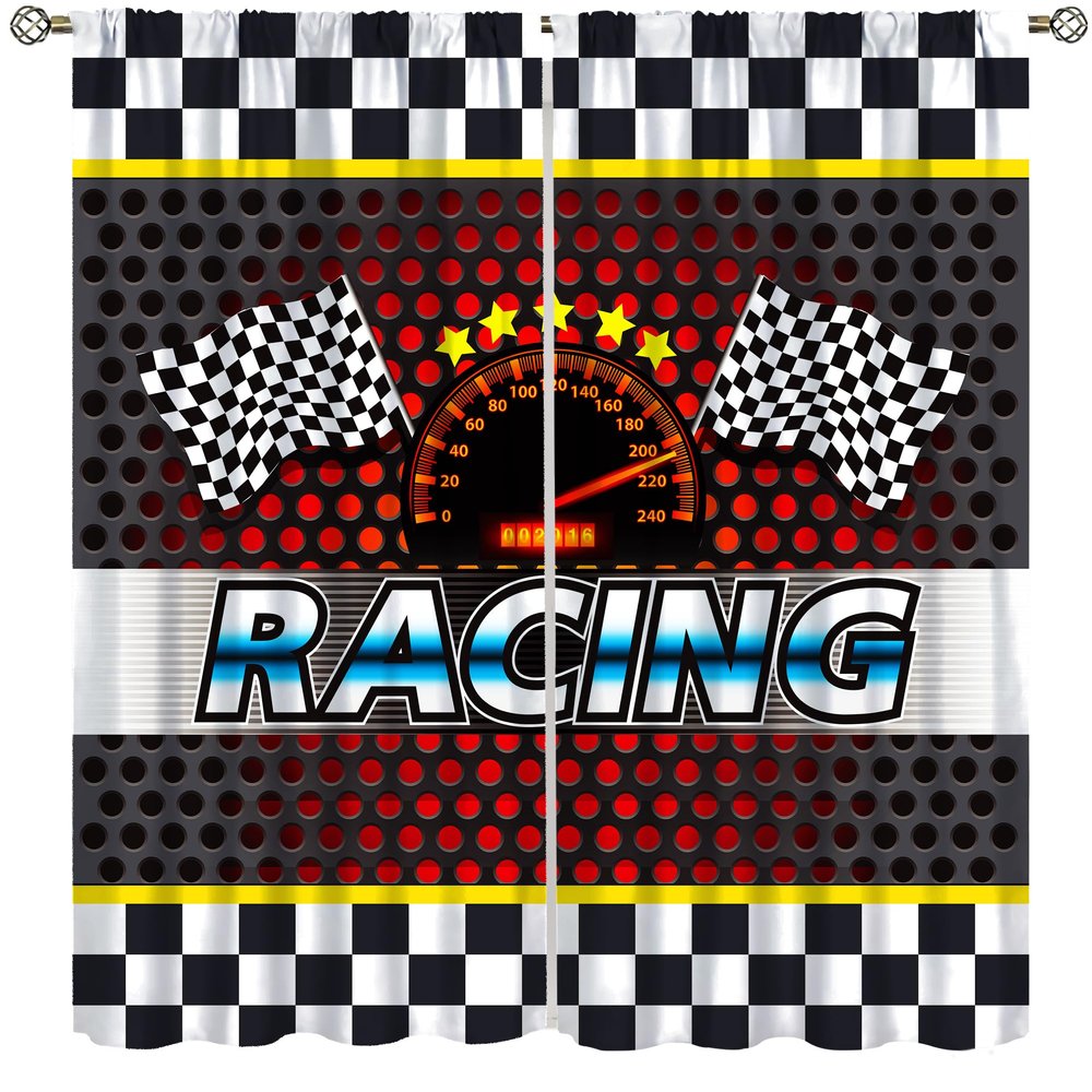 AAVEUP Racing Blackout Curtains for Kids,Cartoon Checkered Dashboard Car Engine Racing Flag Window Drapes Print for Children Boys Juvenile Bedroom Living Room Nursery Bathroom 52x96in