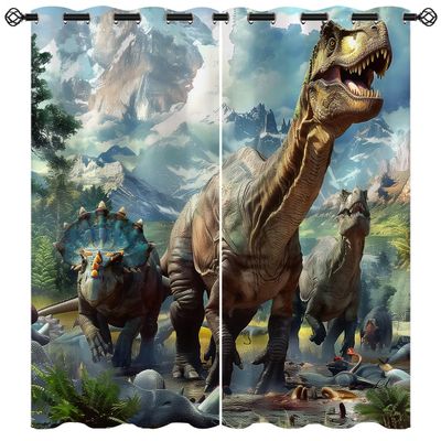 18TH CROZY Dinosaur Blackout Curtains for Girls Boy Home Decor, 3D Jurassic Dino Animal Safari Wildlife Grommet Thermal Insulated Drapes Darkening Window Curtain for Bedroom Living Room, 63 x 63 Inch