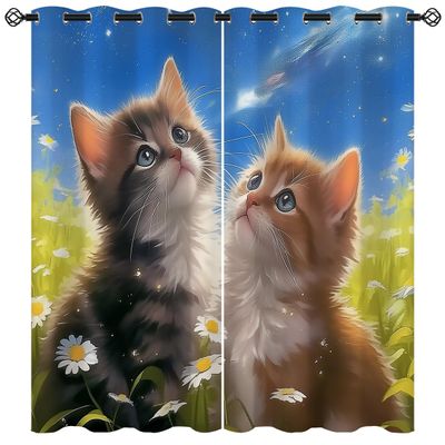 18TH CROZY Cute Cat Blackout Curtains for Girls Boy Home Decor, Lovely Kitten Cartoon Animal Flower Grommet Thermal Insulated Drapes Darkening Window Curtain for Bedroom Living Room, 72 x 63 Inch