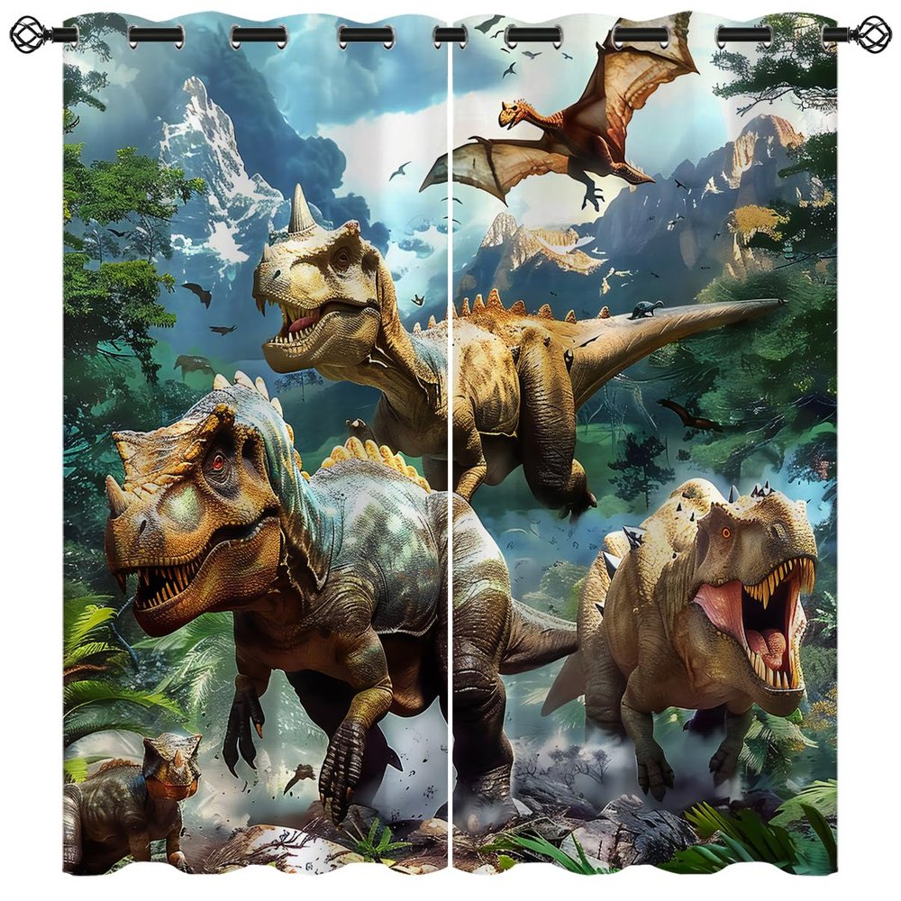 18TH CROZY Dinosaur Blackout Curtains for Girls Boy Home Decor, 3D Jurassic Nature Jungle Animals World Grommet Thermal Insulated Drapes Darkening Window Curtain for Bedroom Living Room, 72 x 63 Inch