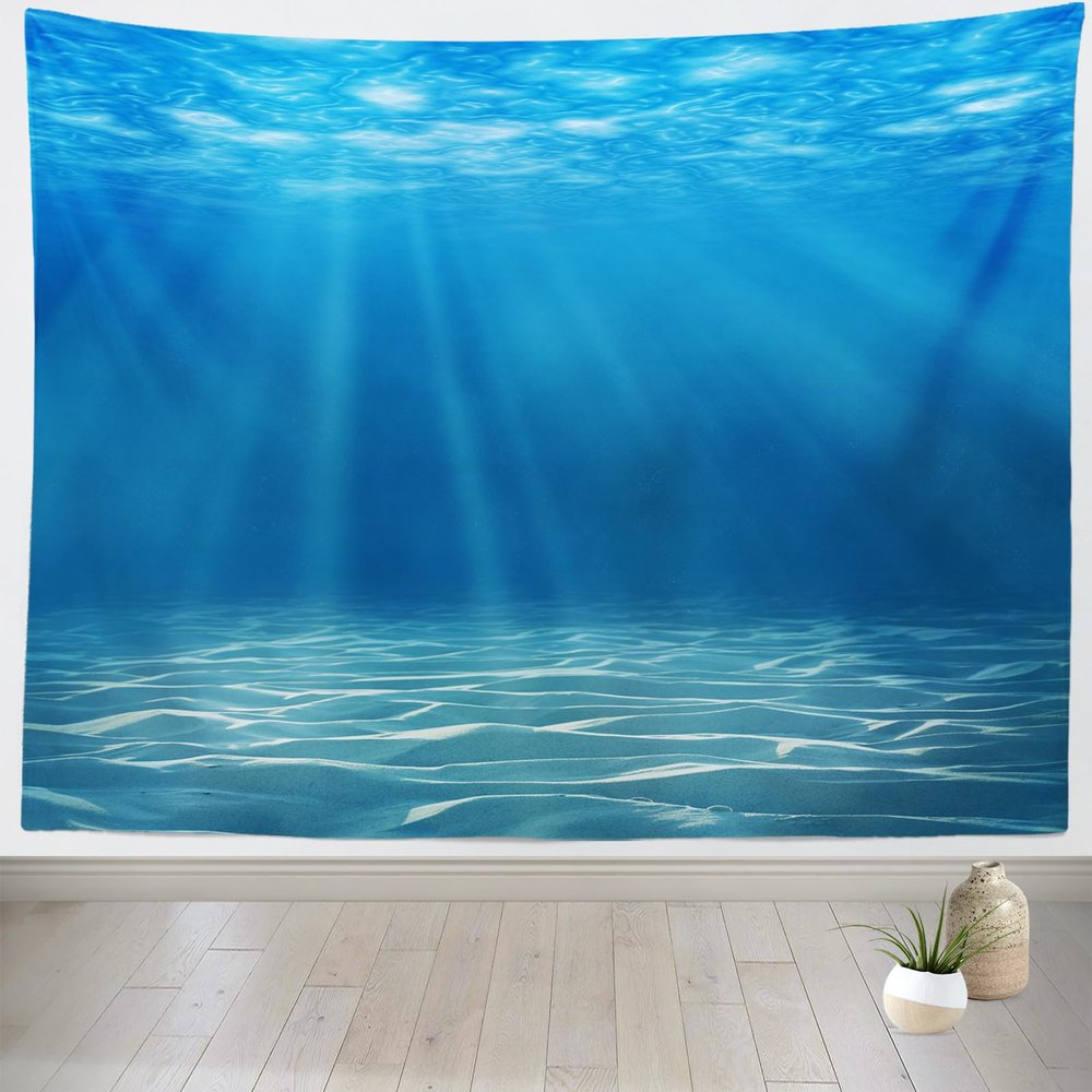 Loccor Underwater World Tapestry Deep Blue Ocean Sunlight Gravelly Bottom Scene Wall Hanging Summer Tropical Ocean Tapestry Wall Hanging for Bedroom Living Room Wall Art Decor 92''x70''
