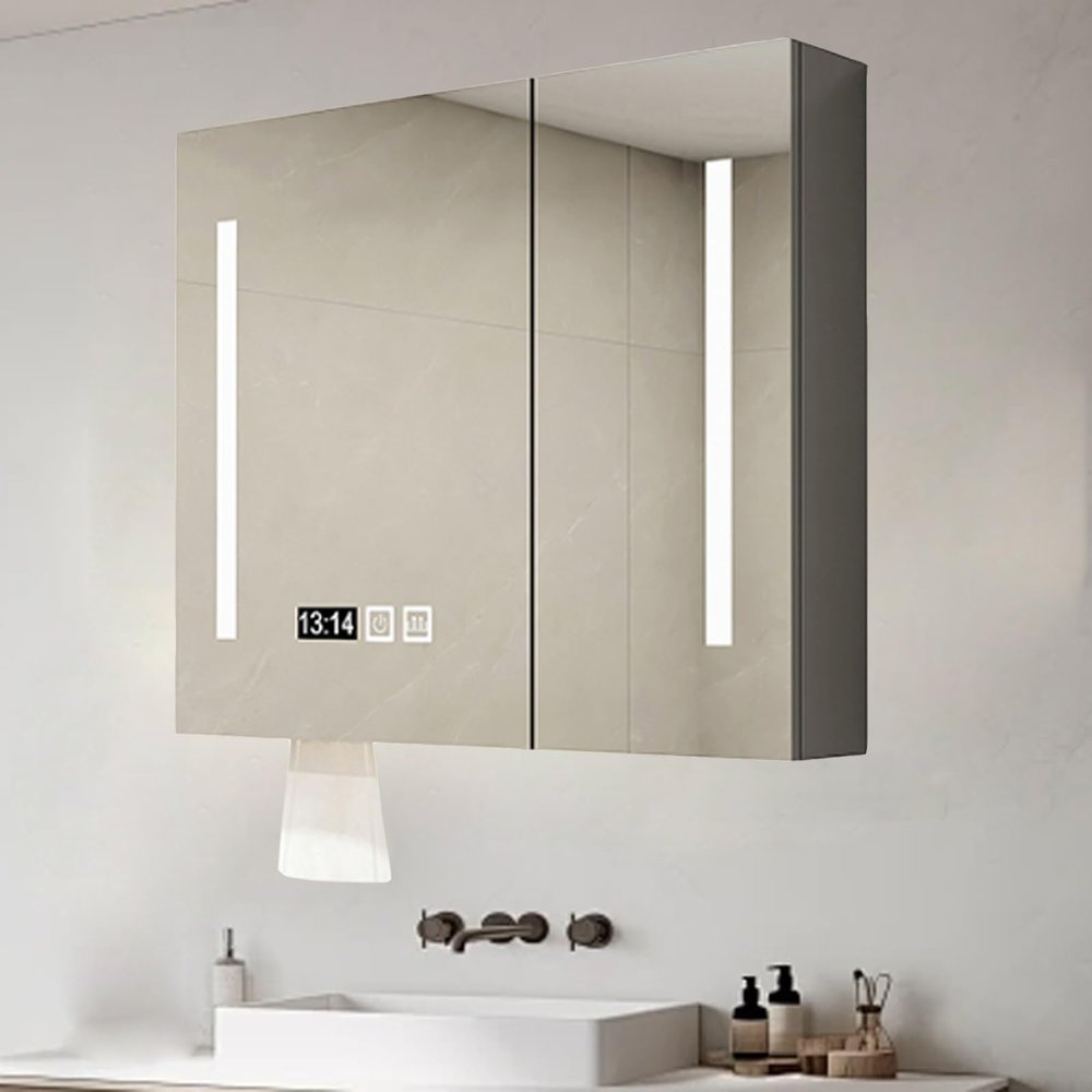 Led bathroom mirror with storage,Wall-mounted wooden medicine cabinet with defogger,bathroom vanity mirror smart medicine cabinet with 3 color lights,time display,touch control,Paper extraction hole (